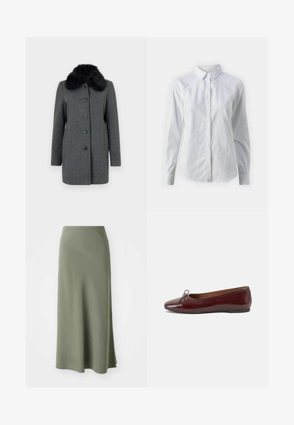 Vero Moda VMAUTUMN COZY JACKET - Classic coat - dark grey; White button-up shirt made of smooth cotton, featuring a classic collar, long sleeves, and a curved hem. Buttons are small and white.; Olive green, knee-length skirt made of soft fabric with a smooth texture and a flared cut, featuring a side slit for ease of movement.; Burgundy patent leather ballet flat with a rounded toe, small bow accent at the front, and a low, black rubber sole. Smooth texture.