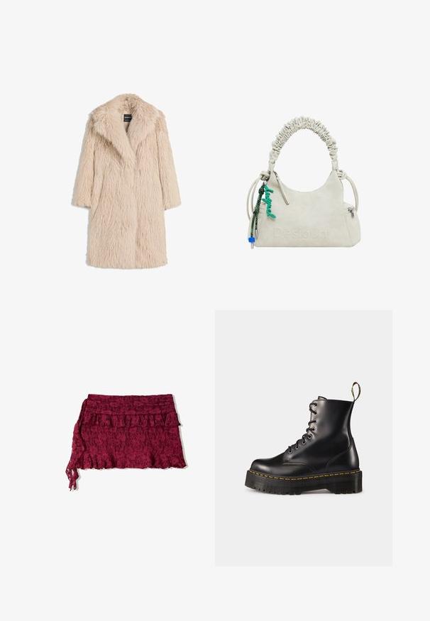 Bežový kožúšok z umelej kožušiny s nadýchanou textúrou, širokým klopom a krátkymi rukávmi, ktorý má stredne dlhý strih a voľný strih.; Tričko s dlhým rukávom v svetlomodrej, čiernej a bielej farbe. Dizajn obsahuje okrúhly výstrih a mäkkú, ľahkú textúru látky.; Bordová čipková sukňa s volánovým lemom a vrstveným dizajnom. Má jemnú textúru a nastaviteľný viazací prvok na jednej strane.; Čierne kožené členkové topánky na šnurovanie s masívnou čiernou podrážkou a žltým prešitím. Obsahujú pútko na zadnej strane a okrúhle kovové očká.; Krémová kabelka z imitácie kože s riasenou rúčkou, zipsovým vreckom a zeleným príveskom. Hladká textúra, nenápadne embosovaný logo a elegantný dizajn.