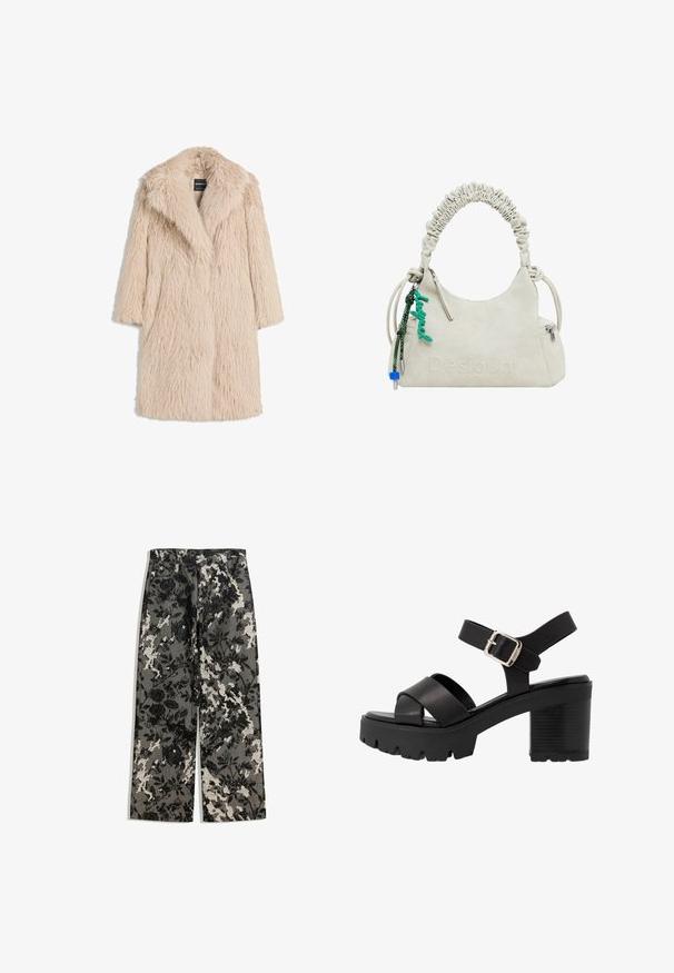 Beige tekota furaa keinonahkaisella, jossa on pörröinen rakenne, leveä kaulus ja lyhyet hihat. Näyttää keskipitkältä ja rentolta.; Kolme pitkähihaista paitaa vaaleansinisena, mustana ja valkoisena. Mallissa on pyöreä pääntie ja pehmeä, kevyt kangas.; Kes pants lebar mid-rise dengan pola bunga hitam-putih berpola pada latar belakang abu-abu, dilengkapi dengan pinggang klasik dan saku depan.; mtng SABA - Korolliset sandaalit - black; Vaaleanbeige tekonahkainen käsilaukku, jossa on rypytetty kahva, vetoketjullinen tasku ja vihreä koriste. Sileä pinta, hillitty kohokuvioitu logo ja tyylikäs muotoilu.