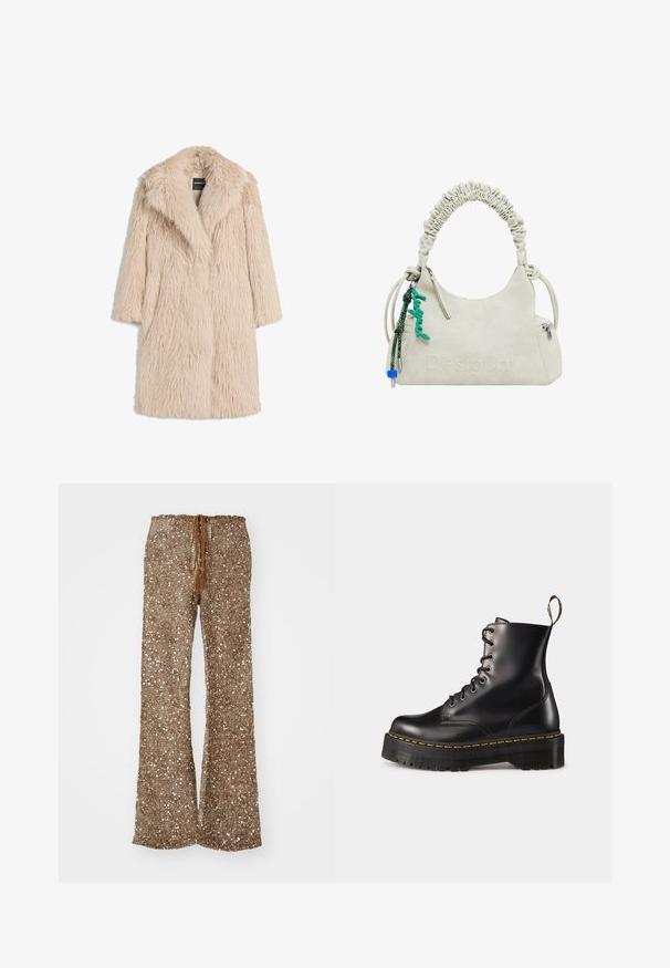 Beige faux fur coat with a fluffy texture, wide lapel collar, and short sleeves, showcasing a mid-length design and a relaxed fit.; Three long-sleeve tops in light blue, black, and white. The design features a round neckline and a soft, lightweight fabric texture.; Brown flared pants made of textured fabric with silver sequins, featuring a drawstring waistband with tassels for adjustments.; Black leather lace-up ankle boots with a chunky black sole and yellow stitching. Features a pull tab at the back and circular metal eyelets.; Off-white faux leather handbag with ruched handle, zip pocket, and green charm. Smooth texture, understated embossed logo, and sleek design.