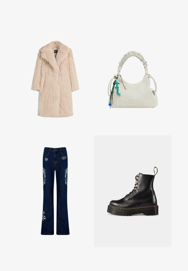 Krémový umělý kožešinový kabát s nadýchanou texturou, širokým klopovým límcem a krátkými rukávy, který se vyznačuje polodlouhým střihem a uvolněným střih.; Tři dlouhé rukávy v světle modré, černé a bílé barvě. Design zahrnuje kulatý výstřih a měkkou, lehkou texturu látky.; Tmavě modré zvonové džíny s vyšívanými květinovými vzory na stehnech a dolních nohavicích. Mají měděné švy a přední zapínání na knoflík.; Černé kožené kotníkové boty na šněrování s mohutnou černou podrážkou a žlutým prošíváním. Mají poutko na zadní straně a kulaté kovové očko.; Béžová kabelka z umělé kůže s řaseným madlem, zipovou kapsou a zeleným přívěskem. Hladký povrch, decentní embosované logo a elegantní design.