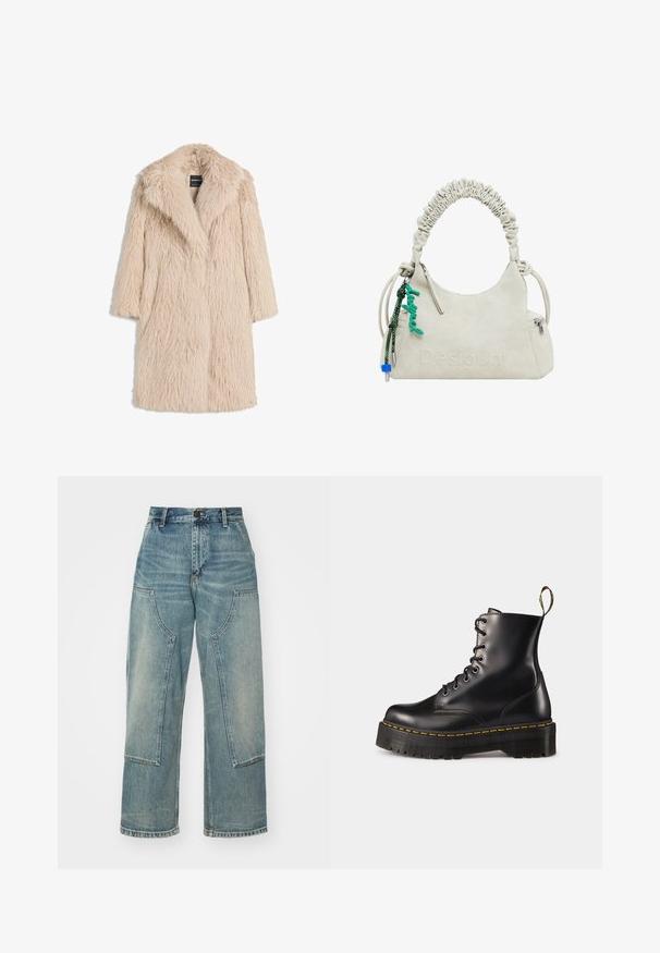 Bež kaput od umjetnog krzna s pahuljastom teksturom, širokim ovratnikom i kratkim rukavima, koji prikazuje srednju dužinu i ležeran kroj.; Tri dugih rukava u svijetlo plavoj, crnoj i bijeloj boji. Dizajn uključuje okrugli izrez i mekan, lagan teksturirani materijal.; Svijetloplave traperice s opuštenim krojem, širokim nogavicama i velikim zakrpnim džepovima sprijeda. Imaju izblijedjele dijelove i zatvaranje na gumb.; Crne kožne čizme s vezanjem do članka, s debelim crnim potplatom i žutim šavom. Imaju traku za povlačenje na stražnjoj strani i okrugle metalne rupice.; Off-white lažna kožna torba s naboranom drškom, džepom na zip i zelenim privjeskom. Glatka tekstura, suptilni uvezeni logotip i elegantan dizajn.