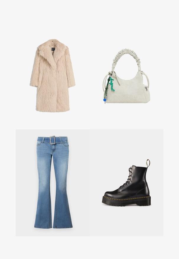 Beige tekota furaa keinonahkaisella, jossa on pörröinen rakenne, leveä kaulus ja lyhyet hihat. Näyttää keskipitkältä ja rentolta.; Kolme pitkähihaista paitaa vaaleansinisena, mustana ja valkoisena. Mallissa on pyöreä pääntie ja pehmeä, kevyt kangas.; Vaaleansiniset leveälahkeiset farkut, joissa on leveä vyölenkki ja suurikokoinen neliönmuotoinen hope buckle. Haalistunut rakenne helman lähellä korostaa muotoilua.; Mustat nahkasaappaat, joissa on nyöritys nilkkoihin asti, paksu musta pohja ja keltaset ompeleet. Takana vetotappi ja pyöreät metalliset silmukat.; Vaaleanbeige tekonahkainen käsilaukku, jossa on rypytetty kahva, vetoketjullinen tasku ja vihreä koriste. Sileä pinta, hillitty kohokuvioitu logo ja tyylikäs muotoilu.