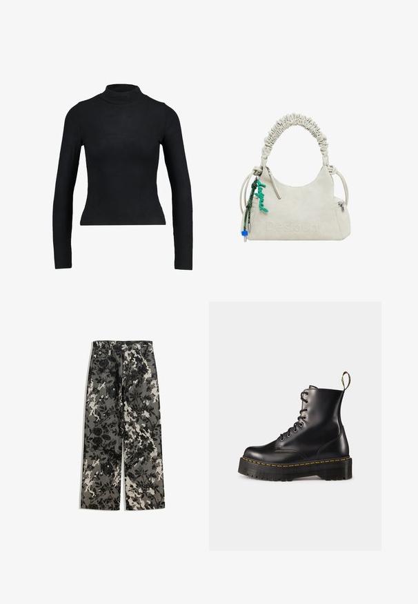 Bež kaput od umjetnog krzna s pahuljastom teksturom, širokim ovratnikom i kratkim rukavima, koji prikazuje srednju dužinu i ležeran kroj.; Crna dugouha majica s visokim ovratnikom od rebrastog materijala, s prilagođenim dizajnom i uskim siluetom. Bez uzoraka ili akcenta.; Hlače srednje visine s širokim nogavicama u teksturiranom crno-bijelom cvjetnom uzorku na sivoj pozadini, s klasičnim pojasom i prednjim džepovima.; Crne kožne čizme s vezanjem do članka, s debelim crnim potplatom i žutim šavom. Imaju traku za povlačenje na stražnjoj strani i okrugle metalne rupice.; Off-white lažna kožna torba s naboranom drškom, džepom na zip i zelenim privjeskom. Glatka tekstura, suptilni uvezeni logotip i elegantan dizajn.