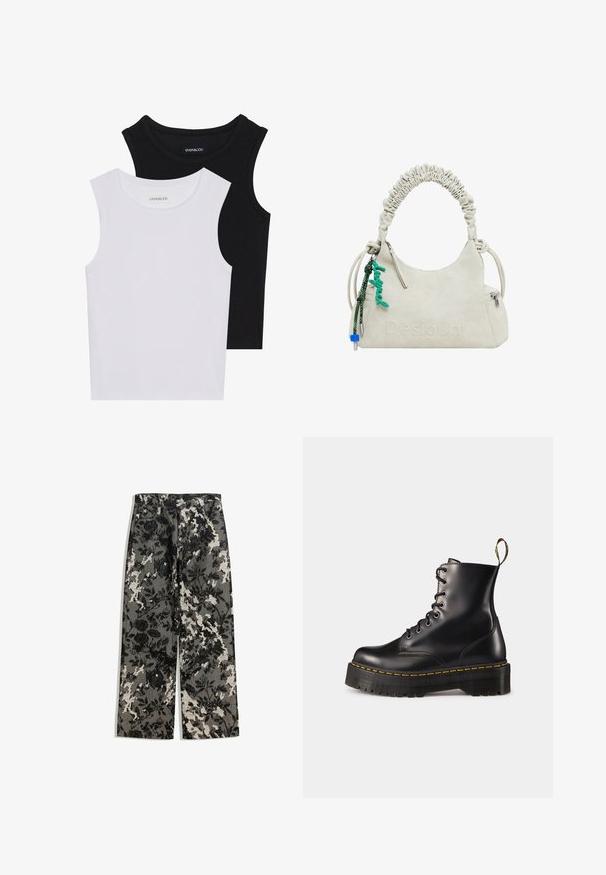 Bež plašč iz umetnega krzna z puhasto teksturo, širokim ovratnikom in kratkimi rokavi, ki prikazuje srednjo dolžino in sproščen kroj.; Dve brezrokavne majice v črni in beli barvi, izdelane iz rebrastega bombaža, z okroglimi izrezi in prilegajočim oblikovanjem. Oznake so vidne na obeh.; Srednje visoke hlače širokih nogavic z teksturiranim črno-belem cvetličnem vzoru na sivi podlagi, ki imajo klasičen pas in sprednje žepe.; Črne usnjen lace-up gležnjarje z debelim črnim podplatom in rumenim šivanjem. Imajo zanko na hrbtni strani in okrogle kovinske učke.; Bež umetna usnjena torbica z nagubanim ročajem, zadrgo in zelenim čarom. Gladka tekstura, diskretno embosirano logotip ter eleganten dizajn.