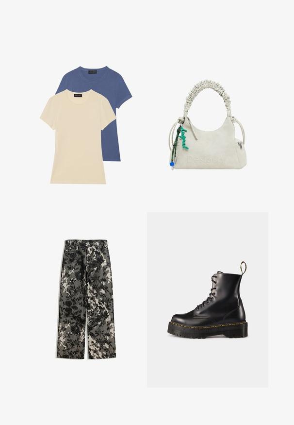 Bézs színű műszőrme kabát puha textúrával, széles hajtókával és rövid ujjakkal. Közepes hosszúságú dizájnnal és laza fitttel rendelkezik.; Két rövid ujjú póló: az egyik krémszínű, a másik kék. Mindkettő kerek nyakkivágással és puha, sima pamut anyagból készült.; Közepes szárú, bő szárú nadrág textúrált fekete-fehér virágmintával szürke háttérrel, klasszikus derékrésszel és elülső zsebekkel.; Fekete bőrből készült, fűzős bokacsizma masszív fekete talppal és sárga varrással. Hátsó húzófüllel és kör alakú fémszemekkel rendelkezik.; Krém színű műbőr kézitáska, ráncolt fogantyúval, cipzáras zsebbel és zöld charm-mal. Simás textúra, visszafogott dombornyomott logó és elegáns kialakítás.