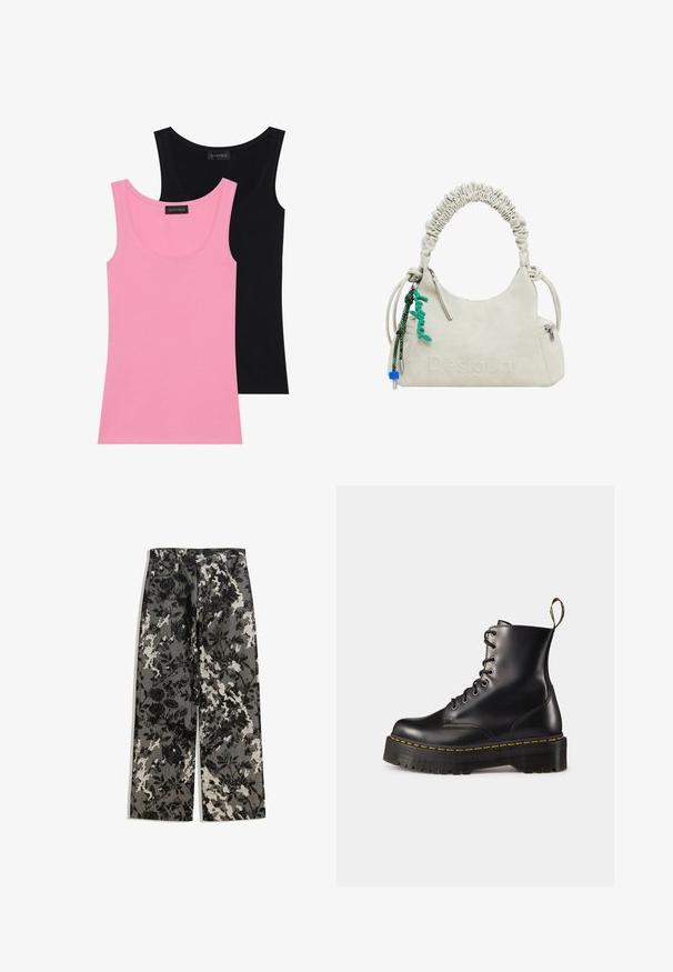 Beige falsk pelsfrakke med en fluffy tekstur, bred krave og korte ærmer, der viser et mellemlangt design og en afslappet pasform.; To sove toppe i pink og sort. Fremstillet af blød bomuldsblanding, med runde halsudskæringer og tætsiddende former med minimale sømme.; Mellemhøjde vide bukser i et struktureret sort-hvidt blomstermønster på en grå baggrund, med et klassisk talje og forlommelommer.; Sorte læder snørebånd ankelstøvler med en kraftig sort sål og gul syning. Har en trækflap bagpå og runde metaløjer.; Off-white faux læder håndtaske med rynket håndtag, lynlåslomme og grøn charme. Glat tekstur, diskret præglogo og elegant design.