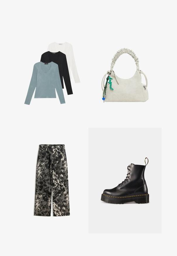 Bézs színű műszőrme kabát puha textúrával, széles hajtókával és rövid ujjakkal. Közepes hosszúságú dizájnnal és laza fitttel rendelkezik.; Három hosszú ujjú felső világoskék, fekete és fehér színben. A dizájn kerek nyakkivágással és puha, könnyű anyagtextúrával rendelkezik.; Közepes szárú, bő szárú nadrág textúrált fekete-fehér virágmintával szürke háttérrel, klasszikus derékrésszel és elülső zsebekkel.; Fekete bőrből készült, fűzős bokacsizma masszív fekete talppal és sárga varrással. Hátsó húzófüllel és kör alakú fémszemekkel rendelkezik.; Krém színű műbőr kézitáska, ráncolt fogantyúval, cipzáras zsebbel és zöld charm-mal. Simás textúra, visszafogott dombornyomott logó és elegáns kialakítás.