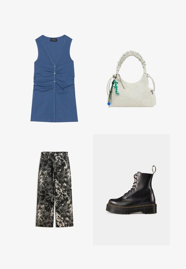 Beige tekota furaa keinonahkaisella, jossa on pörröinen rakenne, leveä kaulus ja lyhyet hihat. Näyttää keskipitkältä ja rentolta.; Sininen hihaton paita, joka on valmistettu pehmeästä kankaasta, ja jossa on syvä V-pääntie, napitus ja gathered- yksityiskohtia edessä.; Kes pants lebar mid-rise dengan pola bunga hitam-putih berpola pada latar belakang abu-abu, dilengkapi dengan pinggang klasik dan saku depan.; Mustat nahkasaappaat, joissa on nyöritys nilkkoihin asti, paksu musta pohja ja keltaset ompeleet. Takana vetotappi ja pyöreät metalliset silmukat.; Vaaleanbeige tekonahkainen käsilaukku, jossa on rypytetty kahva, vetoketjullinen tasku ja vihreä koriste. Sileä pinta, hillitty kohokuvioitu logo ja tyylikäs muotoilu.