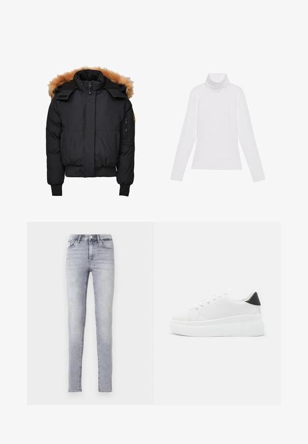 Crna, podstavljena zimska jakna s odvajačom za kapu obloženu krznom, prednjim zatvaračem i dva bočna džepa. Ima rebraste manšete i rub.; Bijela majica dugih rukava s rolificom izrađena od glatkog, rastezljivog materijala. Ima visoki ovratnik i uski kroj, bez vidljivih uzoraka ili ukrasa.; Svijetlosive skinny traperice s visokim strukom, pet džepova, petljama za remen i suptilnim izblijedjenjem.; Bijele platforme tenisice napravljene od glatkog sintetičkog materijala, s okruglim vrhom, dizajnom s vezanjem i teksturiranom gumenom potplatom. Crni detalj na peti.