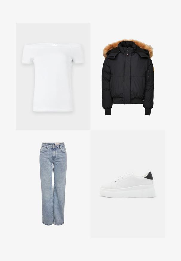 Juoda, paminkštinta žiemos striukė su nuimamu kailiniu gobtuvu, užsegama priekyje, su dviem šoninėmis kišenėmis. Yra raštuoti rankogaliai ir apačia.; Balta of-off-shoulder marškinėlė su trumpomis rankovėmis, pagaminta iš minkštos medvilnės, su priderintu dizainu ir tiesiu apatiniu kraštu.; Šviesiai mėlyni plačios kojų džinsai, pagaminti iš džinsinio audinio, pasižymintys aukštu liemeniu, penkių kišenių dizainu ir subtiliu blukimu, kad atrodytų jau dėvėti.; Balti platforminiai sportbačiai, pagaminti iš lygios sintetinio audinio, su apvaliu pirštu, raištelių užsegimu ir tekstūruota guma padanga. Juodas kulno akcentas.