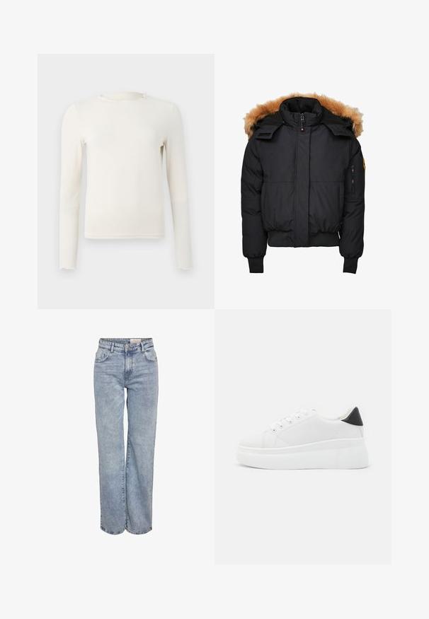 Musthave, pehmea talvejakk mustas värvitoonis, millel on äratav villane kapuuts, ees lukuga sulgemine ja kaks küljetaskut. Omaduseks on soonikkoes mansetid ja äär.; Pikad varrukad, kreemika värvusega keha lähedalt istuv top, millel on volangidega ümmargune kaelus ja äär, esitatud lihtsal heledatel hallil taustal.; Heledad sinine laia jalaeest, valmistatud denimist, kõrge vöökohaga, viie tasku disainiga ja kerge tuhmumisega, mis annab kulunud välimuse.; Valged platvormsneakerid, mis on valmistatud siledast sünteetilisest materjalist, ovaalse toe, paelkinnise disaini ja tekstuurse kummitaldiga. Must kontsrihm.