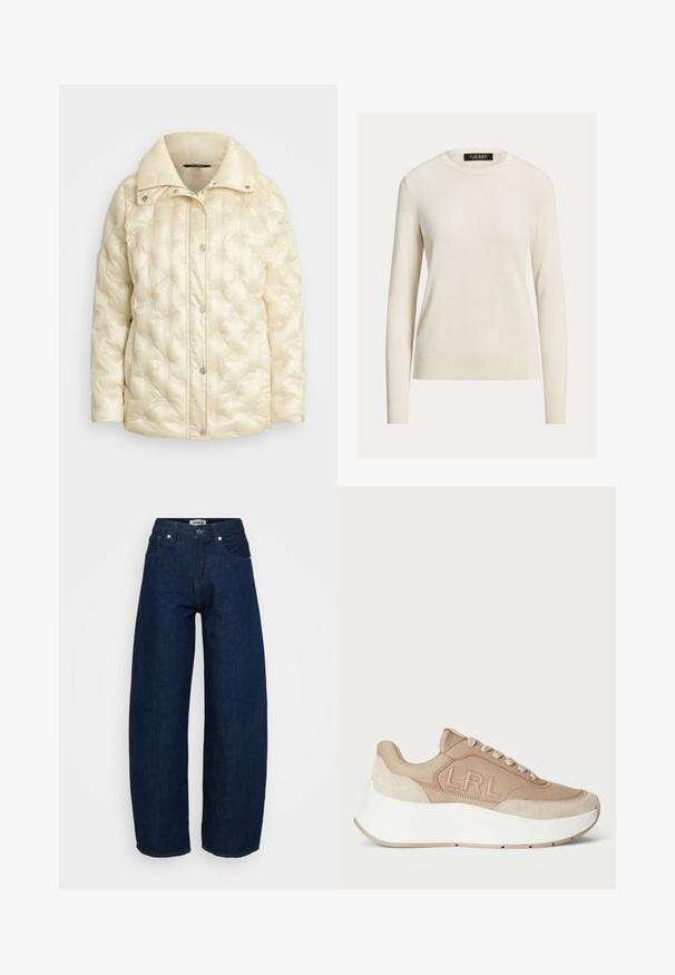 Pehmeast koorevalgest kangas valge paksu kraega jope, millel on õmmeldud detailid ja nupud esiküljel. Pehme, läikiv kangatekstuur.; Heled kreemjas sviiter, pikad varrukad, ümmargune kaelus, kudumine tekstuur, soonikkoes mansetid ja ääred, silt ütleb "LAUREN." Lihtne, minimalistlik disain.; Laiad teksad tumedast sinisest denimist. Omab nööbisuletust, viit taskut ja nähtavat õmblust. Sile tekstuur ja lõdvestunud sobivus.; Helebeige snekaerdid, valmistatud nahast ja sametist, millel on lai valgest kummist tall ning külgedel reljeefne "LRL" logo.