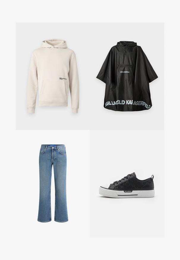 Svart vattentät huva poncho med framficka och "KARL LAGERFELD"-logotyp tryckt på fickan och fållen.; Ljusbeige luvtröja i mjukt tyg, med en framficka och en liten svart logotyp på nedre vänstra sidan.; Vit bomull t-shirt med korta ärmar, rund halsringning, prydd med en diskret präglad logotyp på vänster bröst, slät textur.; Ljusblå denim flare jeans med midjehöjd, femficksdesign och en subtil, texturerad yta, med standard knappstängning.; Svart låg sneaker med mönstrad kanvasöverdel, vit gummikappa, texturerad sula och logotypdetalj på sidan. Metallöglor för snörning.