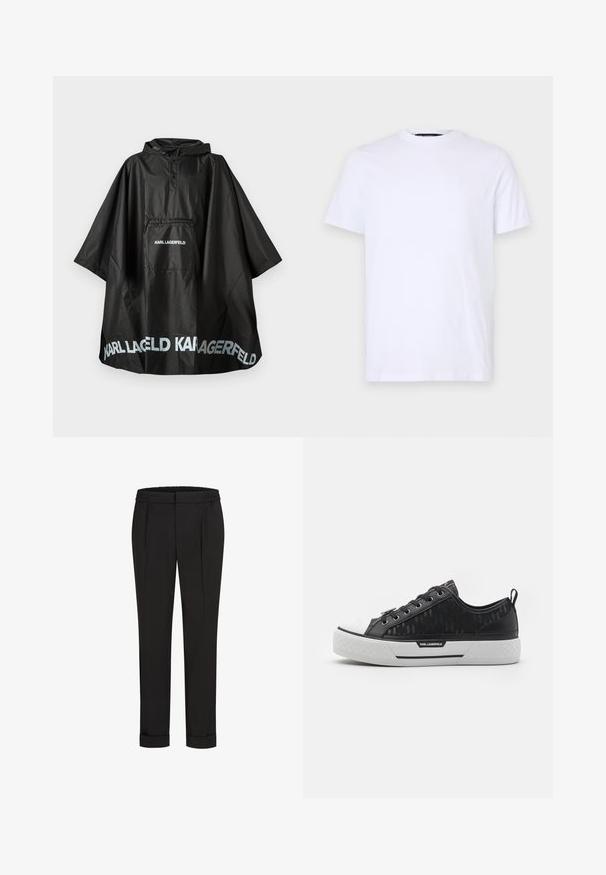 Čierny nepremokavý pončo s kapucňou a prednou kapsou, na ktorej a na okraji je potlačené logo "KARL LAGERFELD".; Biela bavlnená tričko s krátkymi rukávmi a okrúhlym výstrihom, s jemne embosovaným logom na ľavej hrudi, hladká textúra.; Čierne nohavice s elastickým pásom, s rovnými nohavicami a prehnutými manžetami. Vyrobené z hladkej tkaniny bez vzorov.; Čierne nízke tenisky s patterned plátnom, bielym gumovým prstom, textúrovanou podrážkou a logom na boku. Kovové očká pre šnúrky.