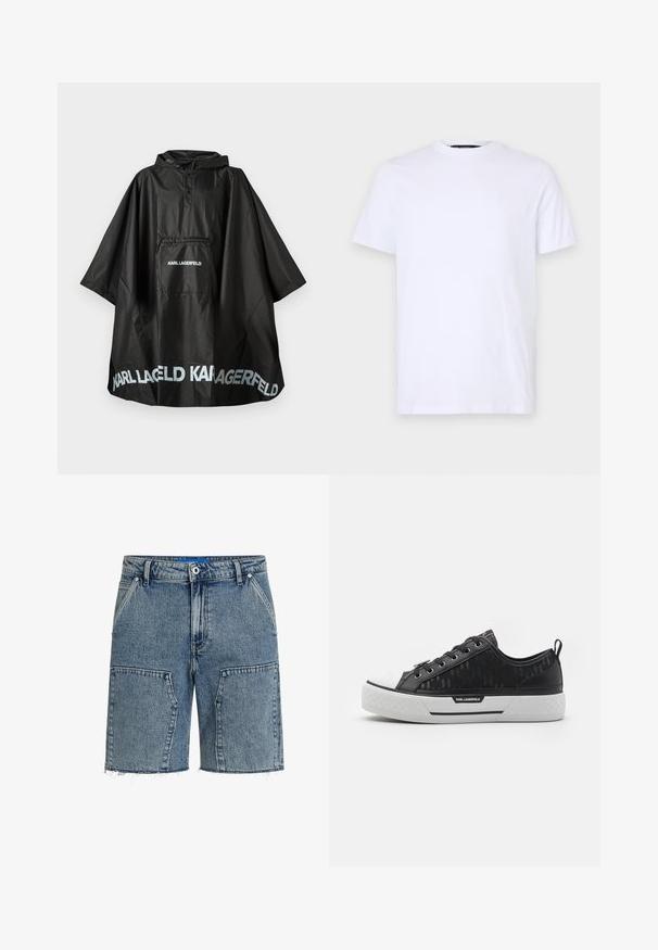 Melns ūdensnecaurlaidīgs pončo ar kapuci, priekšējo kabatu un "KARL LAGERFELD" logotipu, kas izdrukāts uz kabatas un apakšmalas.; Balts kokvilnas T-kreklis ar īsām piedurknēm, apaļu kakla izgriezumu, ar smalku reljefu logotipu kreisajā krūtī, gluda tekstūra.; Gaiši zilas džinsus šortus ar brīvu piegriezumu, šķībiem malām un lielām priekšējām kabatām. Izgatavoti no teksturēta džinsu auduma.; Melns zemas sporta apavi ar rakstainu kanvas augšdaļu, baltu gumijas pirkstu daļu, teksturētu zoli un logotipa akcentu sānos. Metāla acu caurumi šņorēm.