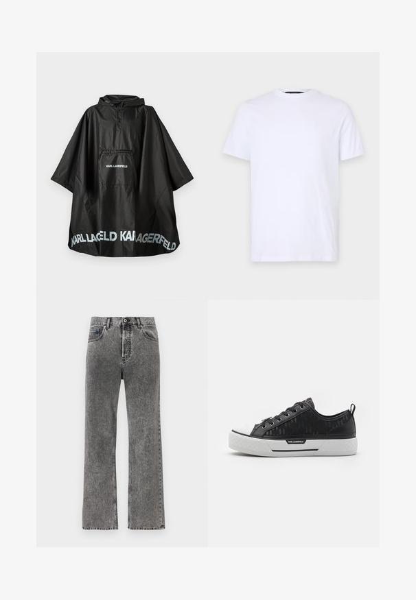 Must värviga veekindel kapuutsiga ponšo, millel on esikott ja "KARL LAGERFELD" logo trükitud kotile ja hemile.; Valge puuvillane T-särk lühikeste varrukatega, ümar kaelus, millel on vasakul rinnal õrn reljeefne logo ja sile tekstuur.; Sirged musta pesuga denimhargid, millel on ees nupp ja tõmblukk, vöökohal konksud ja viis taskut.; Mustvalguse madala varbaga tennis jalanõud, musta mustriga kangast pealisosa, valge kummist varvakatte, tekstureeritud tald ja logoga aktsent küljel. Metallist silmused nööride jaoks.