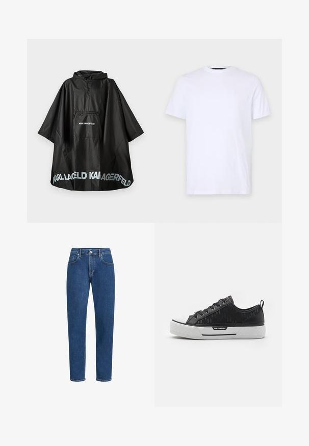 Czarny wodoodporny poncho z kapturem, wyposażony w przednią kieszeń oraz logo "KARL LAGERFELD" nadrukowane na kieszeni i dolnej krawędzi.; Biała bawełniana koszulka z krótkimi rękawami i okrągłym dekoltem, z subtelnym wypukłym logo na lewej piersi, gładka w dotyku.; Niebieskie dżinsy o prostym kroju, z pięcioma kieszeniami, subtelnymi przeszyciami i zapięciem na guzik w talii.; Czarne niskie trampki z wzorzystym płótnem, białą gumową osłoną na palce, teksturowaną podeszwą i akcentem logo po boku. Metalowe oczka na sznurówki.
