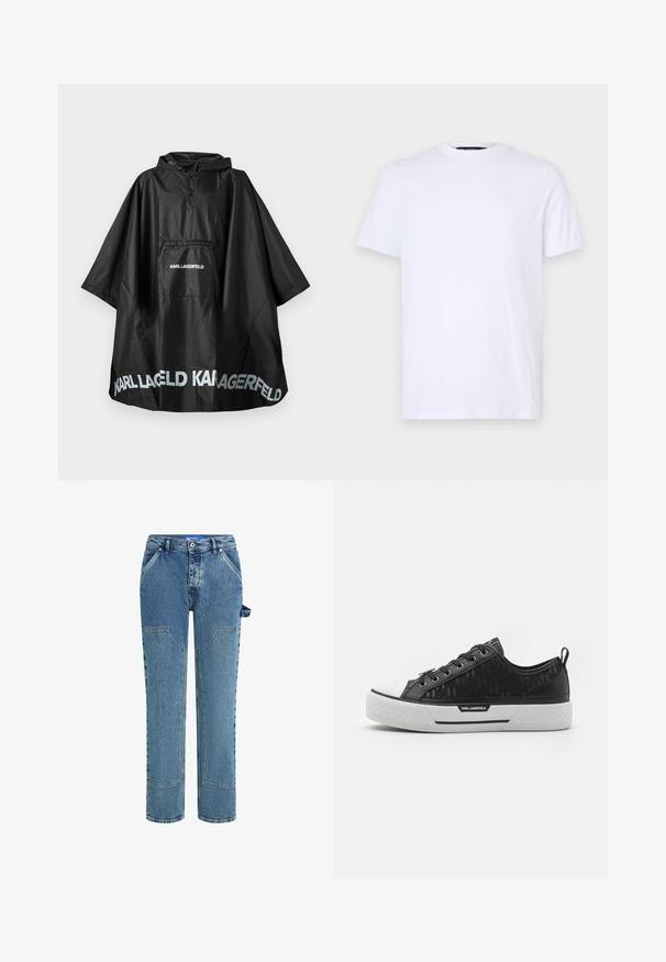 Μαύρο αδιάβροχο poncho με κουκούλα, μπροστινή τσέπη και το λογότυπο "KARL LAGERFELD" τυπωμένο στην τσέπη και στο κόψιμο.; Λευκό βαμβακερό t-shirt με κοντά μανίκια, στρογγυλή λαιμόκοψη, με διακριτό ανάγλυφο λογότυπο στο αριστερό στήθος, λεία υφή.; Μπλε τζιν παντελόνι με ίσια γραμμή, διαθέτοντας αντίθετες λεπτομέρειες, δύο μπροστινές τσέπες και ορατό λουράκι στο πλάι.; Μαύρο χαμηλό sneaker με καμβά με σχέδιο, λευκό καπάκι από καουτσούκ στη μύτη, υφή σόλας και λογότυπο στη πλευρά. Μεταλλικές οπές για τα κορδόνια.