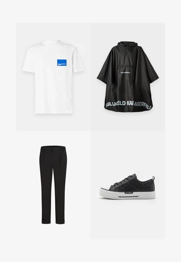 Must värviga veekindel kapuutsiga ponšo, millel on esikott ja "KARL LAGERFELD" logo trükitud kotile ja hemile.; Valge puuvillane T-särk, mille vasakul rinnal on sinine ristkülikukujuline logo ja tekst "KARL LAGERFELD JEANS". Ümar kaelus.; Mustad püksid elastse vöökohtaga, sirge jala kujundusega ja üles keeratud äärtega. Valmistatud siledast, kudumisega kangast, ilma mustriteta.; Mustvalguse madala varbaga tennis jalanõud, musta mustriga kangast pealisosa, valge kummist varvakatte, tekstureeritud tald ja logoga aktsent küljel. Metallist silmused nööride jaoks.
