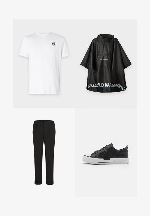 Černý voděodolný pončo s kapucí, přední kapsou a logem "KARL LAGERFELD" vytištěným na kapse a spodním lemu.; Bílá bavlněná tričko s malou černobílou grafikou na levé části hrudi. Klasický kulatý výstřih a krátké rukávy.; Černé kalhoty s elastickým pasem, s rovnými nohavicemi a ohrnutými lemy. Vyrobené z hladké tkaniny bez vzorů.; Černé nízké tenisky s vzorovaným plátnem na svršku, bílou gumovou špičkou, strukturovanou podrážkou a logem na boku. Kovové průvlaky na tkaničky.