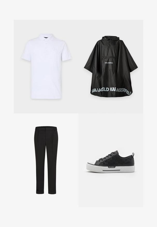 Juodas vandeniui atsparus apsiaustas su gobtuvu, priekyje yra kišenė, o ant kišenės ir apvado yra spausdinamas "KARL LAGERFELD" logotipas.; Balta polo marškiniai, pagaminti iš minkštos medvilnės, su klasikiniu apykakle, trimis mygtukais ir mažai, įspaustu logotipu ant krūtinės.; Juodi kelnių su elastinga juosmena, tiesaus kirpimo ir sukurtomis rankovėmis. Pagaminti iš lygaus, audinio be raštų.; Juodas žemas sportinis batelis su raštuota kanapių viršumi, baltu guminiu nosies dangteliu, tekstūruotu padu ir logotipo akcentu šone. Metaliniai aklai raištams.