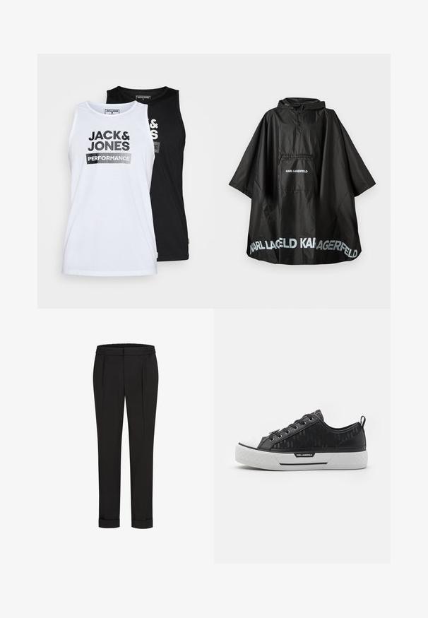 Crna vodootporna pončo s kapuljačom s prednjim dzepom i otisnutim "KARL LAGERFELD" logotipom na dzepu i rubu.; Set od dvije bezrukavne majice u bijeloj i crnoj boji. Tkanina je glatki pamuk. S prednje strane piše "JACK & JONES PERFORMANCE" u debelom crnom slovu.; Crne hlače s elastičnom trakom u struku, s ravnim krojem i zavrnutim rubovima. Napravljene od glatkog, tkanog materijala bez uzoraka.; Crni niskotopni tenisice s uzorkom na platnu, bijeli gumeni vrh prsta, teksturirana podloga i logo naglasak sa strane. Metalni očnjaci za vezice.