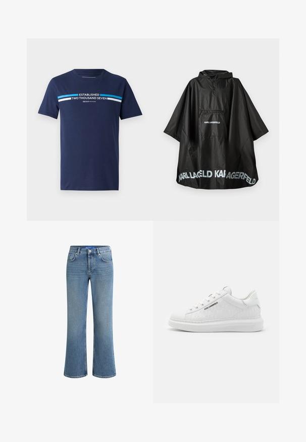 Černý voděodolný pončo s kapucí, přední kapsou a logem "KARL LAGERFELD" vytištěným na kapse a spodním lemu.; Námorně modré bavlněné tričko s krátkým rukávem, zdobené bílými a světle modrými pruhy a textem "ZALOŽENO DVA TAISICE SEDM".; Světle modré riflové zvonové džíny s mírně zvýšeným pasem, designem s pěti kapsami a jemně texturovaným povrchem, s běžným zapínáním na knoflík.; Bílé tenisky vyrobené z hladké kůže s embosovaným vzorem. Mají kulatou špičku, šněrování vpředu a texturovanou podrážku. Stříbrný logo detail na boku.