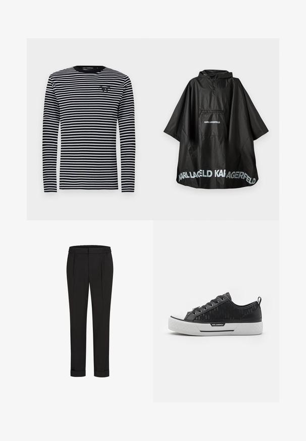 Juodas vandeniui atsparus apsiaustas su gobtuvu, priekyje yra kišenė, o ant kišenės ir apvado yra spausdinamas "KARL LAGERFELD" logotipas.; Ilga rankovė marškiniai, juodos ir baltos horizontalios juostelės, apvalus kaklas, medžiaga lygi, turi mažą logotipą krūtinėje.; Juodi kelnių su elastinga juosmena, tiesaus kirpimo ir sukurtomis rankovėmis. Pagaminti iš lygaus, audinio be raštų.; Juodas žemas sportinis batelis su raštuota kanapių viršumi, baltu guminiu nosies dangteliu, tekstūruotu padu ir logotipo akcentu šone. Metaliniai aklai raištams.