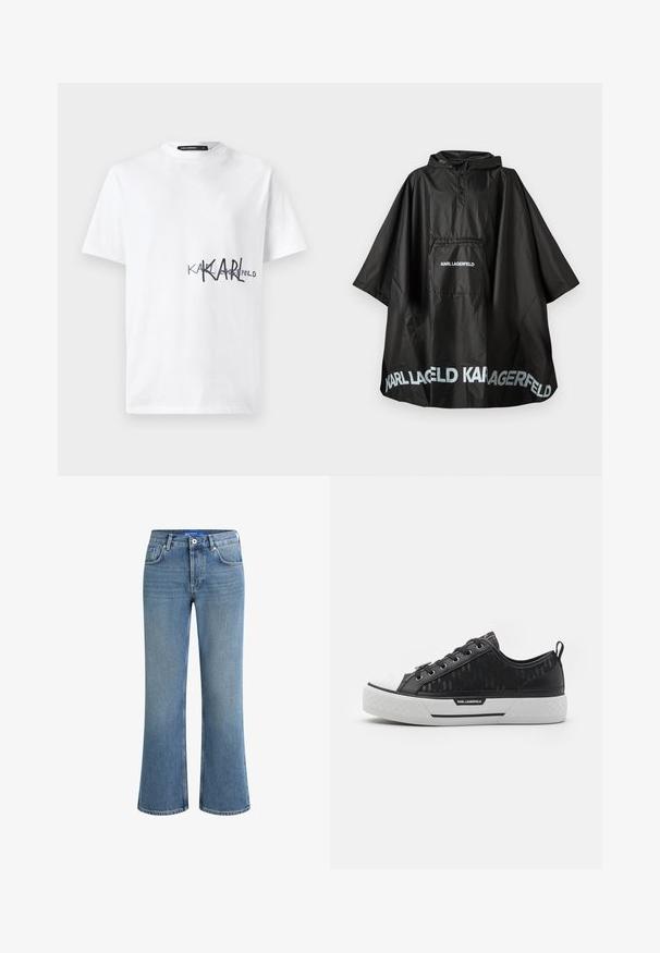 Poncho con capucha negro impermeable, con bolsillo frontal y logotipo "KARL LAGERFELD" impreso en el bolsillo y en el dobladillo.; Camiseta de algodón blanca con un logotipo impreso en negro que dice "KARL" con un "KARL" tachado y "FELD" debajo. Cuello redondo, mangas cortas.; Vaqueros de mezclilla de un azul claro, con un corte acampanado y una altura de cintura media, diseño de cinco bolsillos, y una superficie sutilmente texturizada, con un cierre estándar de botón.; Zapatilla negra de caña baja con parte superior de lona estampada, puntera de goma blanca, suela texturizada y acento con logo en el costado. Ojetes de metal para los cordones.