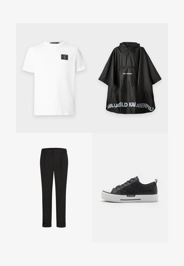 Černý voděodolný pončo s kapucí, přední kapsou a logem "KARL LAGERFELD" vytištěným na kapse a spodním lemu.; Bílý tričko s krátkým rukávem a kulatým výstřihem, na levé straně hrudi s malou černou obdélníkovou nášivkou s bílým křivým textem.; Černé kalhoty s elastickým pasem, s rovnými nohavicemi a ohrnutými lemy. Vyrobené z hladké tkaniny bez vzorů.; Černé nízké tenisky s vzorovaným plátnem na svršku, bílou gumovou špičkou, strukturovanou podrážkou a logem na boku. Kovové průvlaky na tkaničky.