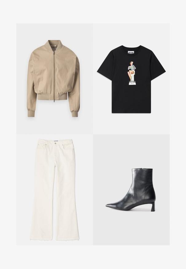 Μπεζ κοντό bomber μπουφάν σε λείο ύφασμα με φερμουάρ μπροστά, ριμπ μανσέτες και κλασικό όρθιο γιακά. Περιλαμβάνει πλαϊνές τσέπες.; Μαύρο βαμβακερό μπλουζάκι με εκτυπωμένο γραφικό μιας γυναίκας σε ριγέ τοπ, καθισμένης σε ένα βάθρο με την απαλή επιγραφή "Moschino Jeans" από κάτω.; Λευκά τζιν φλάρε παντελόνια με ακατέργαστο στρίφωμα, που διαθέτουν μπροστινές τσέπες, μεταλλικό κουμπί και κλείσιμο με φερμουάρ. Λείος υφάσματος και ίσια σιλουέτα.; Μαύρη δερμάτινη μπότες αστραγάλου με μυτερή μύτη και κομψό σχέδιο. Διαθέτει χαμηλό τακούνι και φερμουάρ στο πίσω μέρος. Λείο υφή.