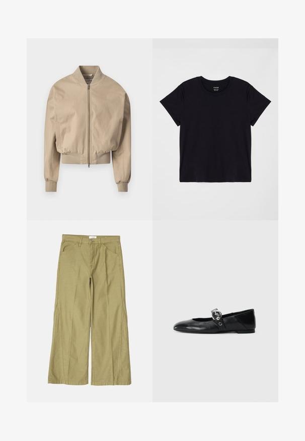 Béžová skrátená bomber bunda z hladkej tkaniny s predným zipsom, rebrovanými manžetami a klasickým stojacím golierom. Obsahuje bočné vrecká.; Čierne tričko s krátkym rukávom vyrobené z jemnej bavlny. Klasický dizajn s okrúhlym výstrihom a jednoduchým, nezdobeným povrchom, s voľným strihom.; Široké nohavice z ľahkého olivovo zeleného bavlneného materiálu, s zipsom vpredu, prednými vreckami a prešívaním pozdĺž švíkov.; Čierne kožené baletky s špicatou špičkou, so pásikom s okrúhlou kovovou sponou a plochou podrážkou.