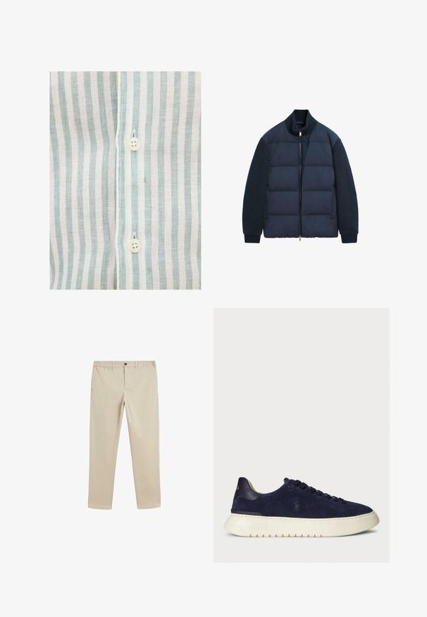 Mörkblå puffjacka med ribbad stickad ärmar, hög krage och dragkedjestängning framtill, liggande platt på vit bakgrund.; Randig skjorta med ljusblå och vita vertikala ränder, gjord av ett lätt tyg, med en synlig vit knapp och sömnadsdetaljer.; Beiga bomullbyxor med elastisk midja, knappstängning, raka ben och standardfickor på sidorna och baksidan.; Mörkblå mocka låg top sneaker med en strukturerad yta, gummisula och tonade snören, med en liten logotyp på sidan och hälen.