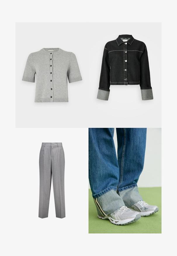 Black denim jacket with a collar, front button closure, and gray cuff accents. Features contrasting white stitching and a cropped design.; Light gray short-sleeve cardigan made of knitted fabric featuring a round neck, five dark buttons down the front, and ribbed trim.; White short-sleeve t-shirt made of cotton. Features a crew neckline and a relaxed fit. Smooth texture with no visible patterns or accents.; Gray striped trousers with a tailored fit, featuring a straight leg design, side pockets, and a textured fabric.; Gray athletic shoes with mesh material and white accents, paired with blue denim jeans that are cuffed at the ankles.