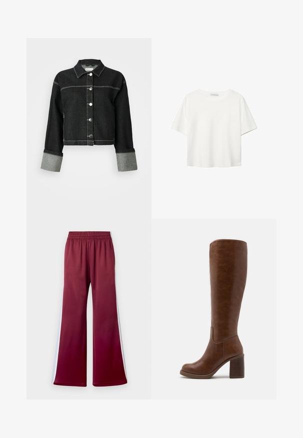 Schwarze Jeansjacke mit Kragen, vorderem Knopfverschluss und grauen Manschettenakzenten. Beinhaltet kontrastierende weiße Nähte und ein kurzes Design.; Weißes T-Shirt mit kurzen Ärmeln aus Baumwolle. Hat einen Rundhalsausschnitt und eine lockere Passform. Glatte Textur ohne sichtbare Muster oder Akzente.; Bordeauxfarbene, lässige Hose mit elastischem Bund, die über weiße Seitenstreifen und eine glatte Stoffoberfläche verfügt. Weit geschnittenes Design.; Braune kniehohe Stiefel aus glattem Kunstleder mit runder Spitze, Blockabsatz mit vertikalen Rillen und minimalistischen Design.