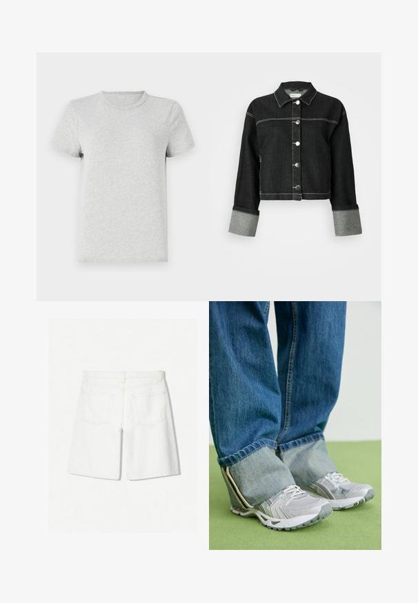 Jachetă din denim negru cu guler, închidere frontală cu nasturi și accente gri la mansete. Prezintă cusături albe în contrast și un design scurt.; Tricou din bumbac gri deschis, cu mâneci scurte și guler rotund clasic. Textură netedă, fără modele sau accente vizibile.; Dungi din denim alb cu un design drept, având o talie înaltă, două buzunare la spate și detalii subtile de cusătură.; Pantofi sport gri din material mesh cu accente albe, asortați cu blugi din denim albastru, răsuciți la gleznă.