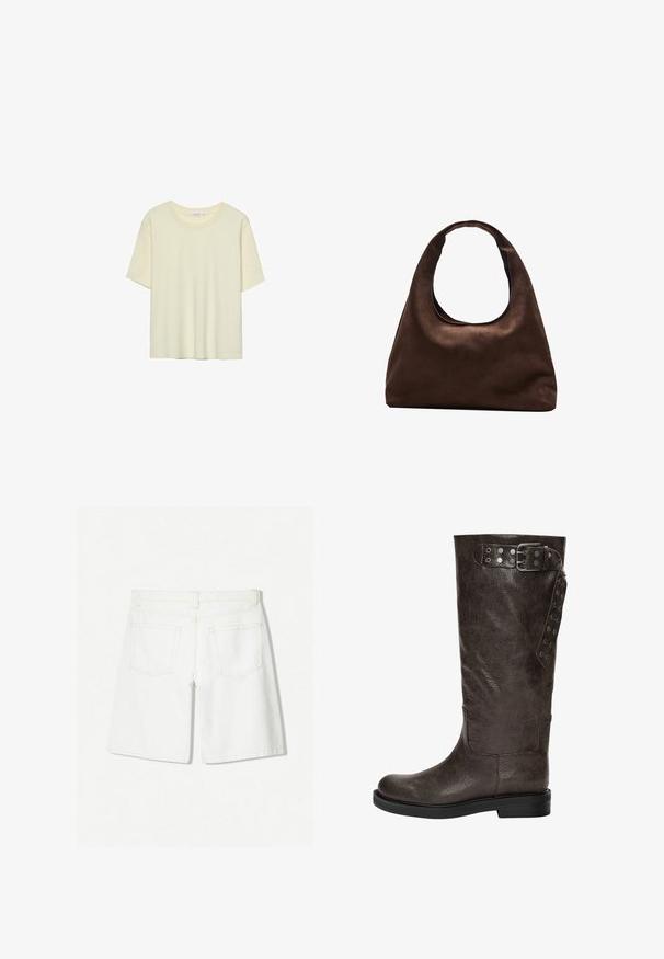 Black denim jacket with a collar, front button closure, and gray cuff accents. Features contrasting white stitching and a cropped design.; Light beige short-sleeve t-shirt made of soft fabric, featuring a round neckline and a relaxed fit, with no patterns or embellishments.; White denim shorts with a straight-cut design, featuring a high waist, two back pockets, and subtle stitching detail.; Brown leather knee-high boot with a textured finish, featuring a buckle and snap accents on the side, and a flat rubber sole.; Soft brown hobo-style handbag with a single wide strap and a curved top handle opening, displayed on a white background.