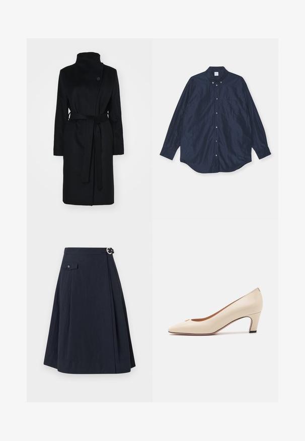Črn volnen plašč z visokim ovratnikom, ovijajočim dizajnom, zapiranjem na en gumb in usklajenim pasom iz blaga. Gladka tekstura, dolžina do kolen.; Temno modra dolga srajca z gumbi, satenski videz, vključuje en sam žep na prsih in zaobljen rob. Ima gumbnico na ovratniku in manšetah.; Mornarsko modra A-linija krila s stranskim gumbom, ki vključuje sprednji žep in gladko, lahko blago z rahlim sijajem.; Bež lakirani salonki s izostrenim nosom in nizko, blokasto peto. Imajo majhen zlat logotip na nosu. Gladka tekstura.