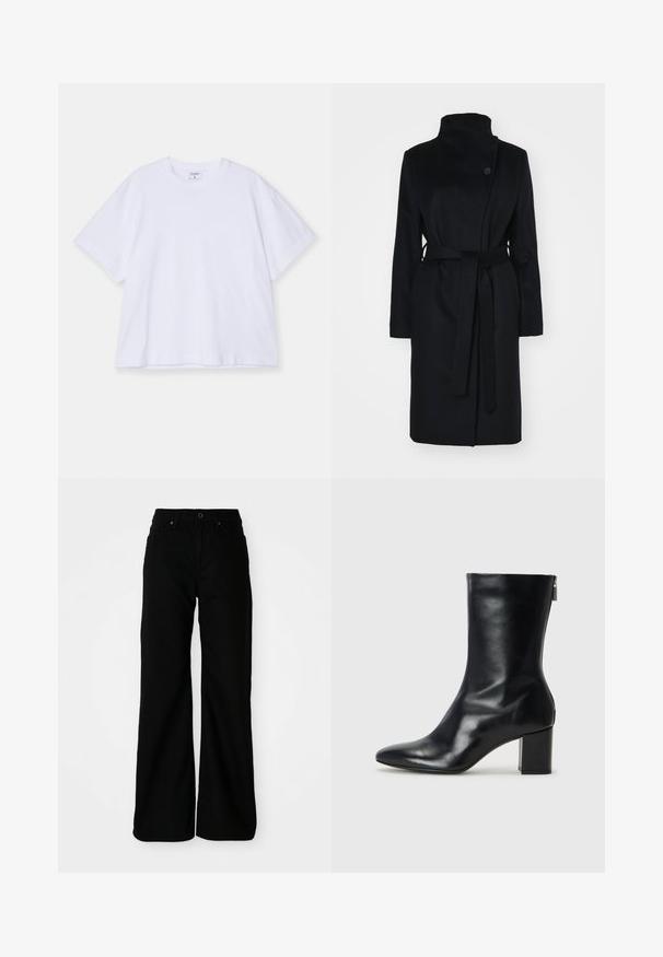 Must hülgehäälärgiga must villane mantel, haakruga disain, üksik nööbiga sulgemine ja sobivast kangast vöö. Sile tekstuur, kuni põlvekohani ulatuv lõige.; Valge lühikeste varrukatega t-särk, mis on valmistatud puuvillast. Omab ümarat kaelaauku, lahedat lõiget ja sileda tekstuuri. Lihtne disain ilma mustrite või aksessuaarideta.; Mustad laiade säärega püksid, mis on valmistatud denimpallist. Omavad istuvat vööd, eesolevaid taskuid ja nööp sulgemist. Sile tekstuur minimaalse detailide arvuga.; Must musta ankle boot teravaid varvastega ja 4 cm plokknõela. Suurepärase disainiga, millel on külgrihm lihtsaks läbi panemiseks. Sile tekstuur.