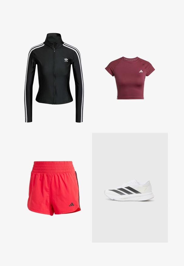 Black zip-up jacket made of smooth fabric featuring white three-stripe accents on sleeves and a small white Adidas logo on the chest.; Maroon athletic crop top made of smooth fabric. Features short sleeves and ribbed detailing on the shoulders. White logo on the chest.; Red athletic shorts made of lightweight fabric, featuring an elastic waistband, black side accents, and a small logo on the lower left.; White athletic shoe with black diagonal stripes, mesh upper, rounded toe, and textured sole. Accents include a silver heel and minimalistic design.