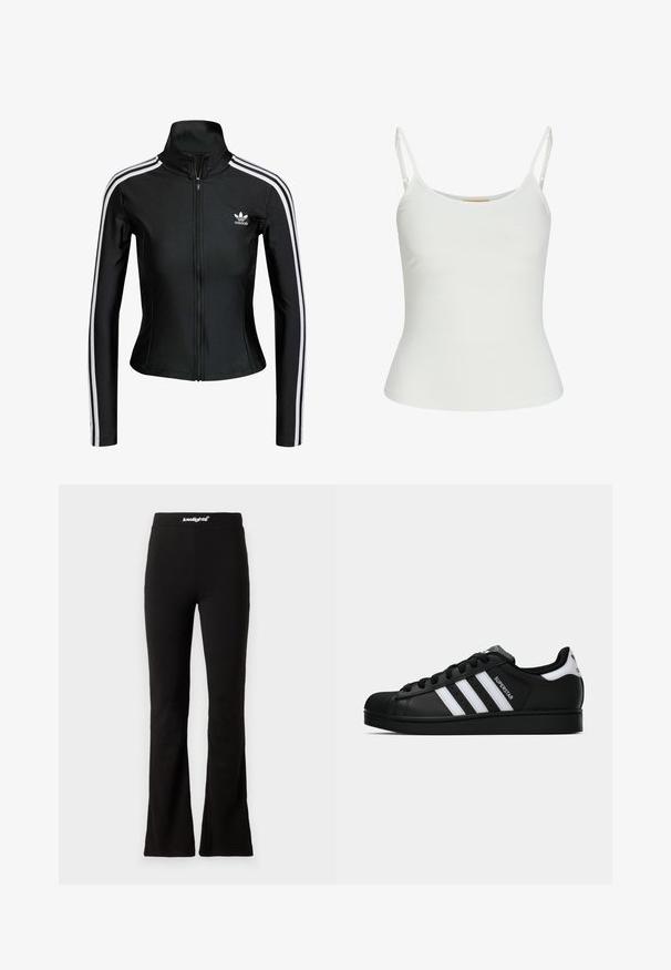 Černá zipová bunda vyrobená z hladkého materiálu, která má bílé třípruhové detaily na rukávech a malé bílé logo Adidas na hrudi.; Bílý tílko bez rukávů s nastavitelnými ramínky, přiléhavý design, hladká textilie a kulatý výstřih. Žádné vzory ani kovové detaily.; Černé legíny se zvonovým střihem, hladkým povrchem a elastickým pasem s bílým logem. Navrženy pro pohodlí a flexibilitu.; Černé tenisky Adidas Superstar se bílými pruhy, špičkou ve tvaru skořápky a textem "Superstar" na boku, zobrazené v bočním profilu na bílém pozadí.