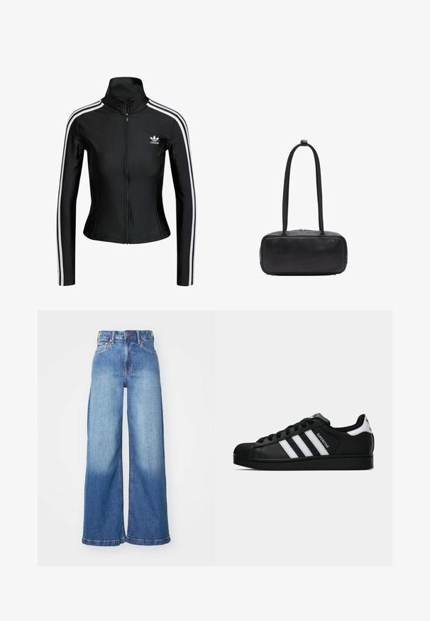 Schwarze Zip-Jacke aus glattem Stoff mit weißen Drei-Streifen-Akzenten an den Ärmeln und einem kleinen weißen Adidas-Logo auf der Brust.; Weißes ärmelloses Oberteil mit verstellbaren Trägern, taillierter Passform, glattem Stoff und rundem Ausschnitt. Keine Muster oder Hardware-Details.; Hochgeschnittene, weit geschnittene Jeans aus blauen Denim mit vorderem Knopf, Reißverschluss und klassischem Fünf-Taschen-Design.; Schwarzer Adidas Superstar Sneaker mit weißen Streifen, Schalenzehen und "Superstar"-Schriftzug an der Seite, im Seitenprofil auf weißem Hintergrund dargestellt.; Schwarze Lederhandtasche in rechteckiger Form, mit zwei langen Griffen, einem Reißverschluss und dezentem Branding auf der Vorderseite.