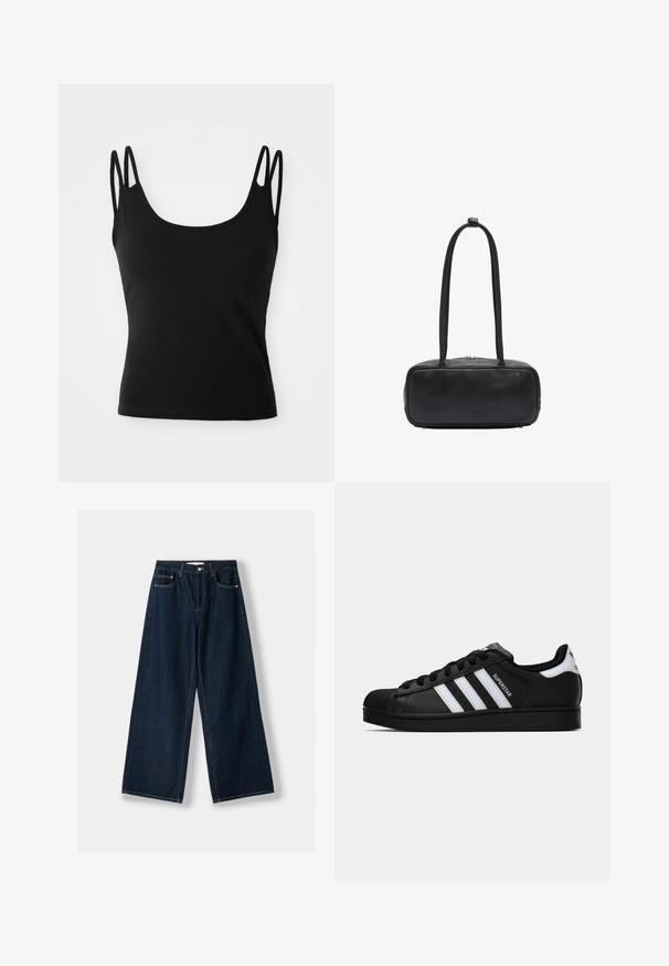 Zwarte zip-up jas van gladde stof met witte drievoudige strepenaccenten op de mouwen en een klein wit Adidas-logo op de borst.; Zwarte top met een ronde hals, gemaakt van een soepele stof, met dunne dubbele bandjes op elke schouder. Geen zichtbare patronen of accenten.; Donkerblauwe, wijde spijkerbroek van denim. Beschikt over vijf zakken, een knoop- en ritssluiting, en contrasterende stiksels.; Zwarte Adidas Superstar sneaker met witte strepen, schelpneus en 'Superstar' tekst aan de zijkant, afgebeeld in zijaanzicht op een witte achtergrond.; Zwarte leren tas met een rechthoekige vorm, voorzien van twee lange handvatten, een ritsluiting en subtiele branding aan de voorkant.