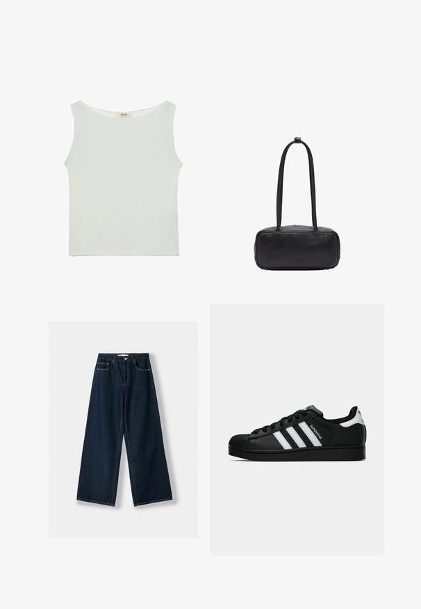 Schwarze Zip-Jacke aus glattem Stoff mit weißen Drei-Streifen-Akzenten an den Ärmeln und einem kleinen weißen Adidas-Logo auf der Brust.; Weißes ärmelloses Oberteil mit runder Ausschnittlinie, aus glattem Stoff gefertigt. Mit entspannter Passform und geradem Saum. Keine sichtbaren Muster oder Akzente.; Dunkelblaue, weit geschnittene Jeans aus Denim. Verfügt über fünf Taschen, einen Knopf- und Reißverschluss sowie Kontrastnähte.; Schwarzer Adidas Superstar Sneaker mit weißen Streifen, Schalenzehen und "Superstar"-Schriftzug an der Seite, im Seitenprofil auf weißem Hintergrund dargestellt.; Schwarze Lederhandtasche in rechteckiger Form, mit zwei langen Griffen, einem Reißverschluss und dezentem Branding auf der Vorderseite.