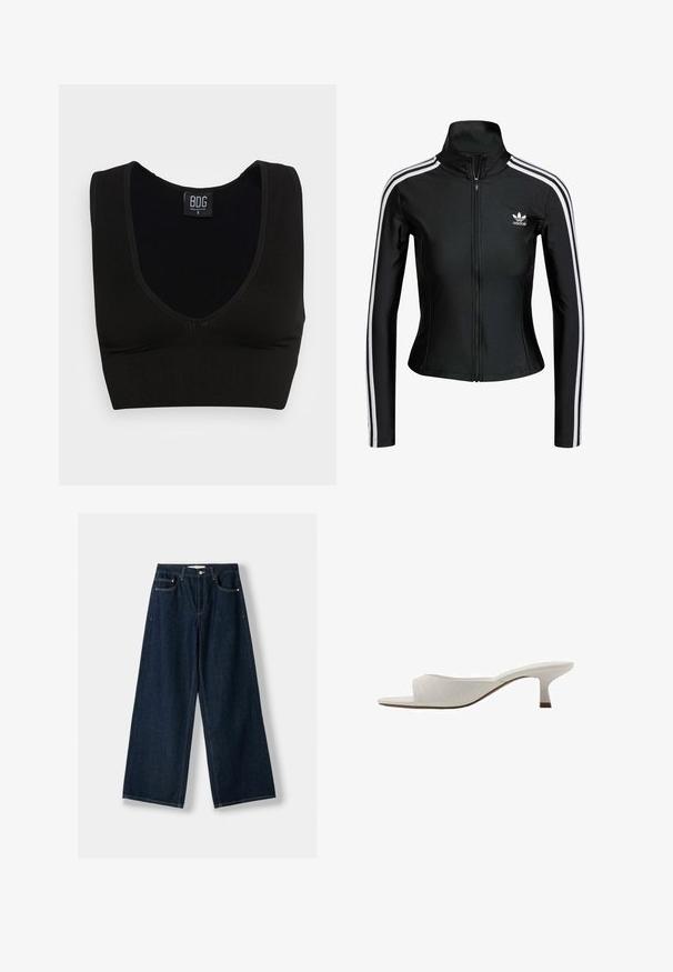 Jachetă neagră cu fermoar, fabricată dintr-un material neted, având accente albe cu trei dungi pe mâneci și un mic logo Adidas alb pe piept.; Top scurt negru cu nervuri, cu bretele late și decolteu adânc în formă de V. Eticheta indică "BDG", mărimea mică, având o textură netedă și un design ajustat.; Jeansi largi, de culoare albastru închis, realizați din denim. Au cinci buzunare, închidere cu nasture și fermoar, și detalii de cusătură în contrast.; Mule albe cu vârful deschis, cu un design curbat, toc mic, textură netedă și un model subtil cusut. Accente maro pe baza tocului.