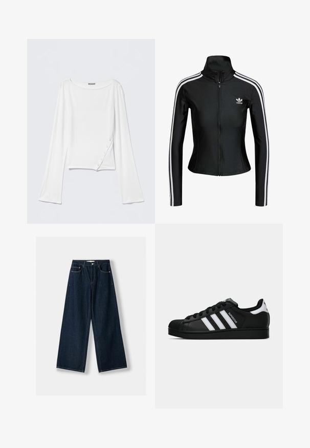 Black zip-up jacket made of smooth fabric featuring white three-stripe accents on sleeves and a small white Adidas logo on the chest.; White long-sleeve top made of soft fabric. Features rounded neckline, side button detail, and a cropped silhouette. Smooth texture, casual design.; Dark blue, wide-leg jeans made of denim. Features five pockets, a button and zipper closure, and contrast stitching details.; Black Adidas Superstar sneaker with white stripes, shell toe, and "Superstar" text on side, shown in side profile on white background.