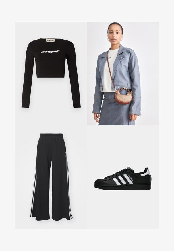 Melna zipa jaku, izgatavotu no gludas auduma, ar baltām trīs joslu akcentiem uz piedurknēm un mazu baltu Adidas logo uz krūtīm.; Melnā kokvilnas cropped garām piedurknēm T-kreklā. Ar apaļu kakla izgriezumu un balto "lowlights" logotipu krūtīs.; Melnas plašas sporta bikses ar elastīgu jostasvietu, kurām ir baltas sānu svītras un izšūts logo kreisajā augšstilbā.; Melnas Adidas Superstar kedas ar baltām svītrām, čaulas purngalu un uzrakstu "Superstar" sānos, parādītas sānskatā uz baltā fona.; Maza brūna un bēša somiņa ar klasiska logotipa rakstu, zelta aparatūru un izliekumu, apvienota ar džinsu jaku un svārkiem.