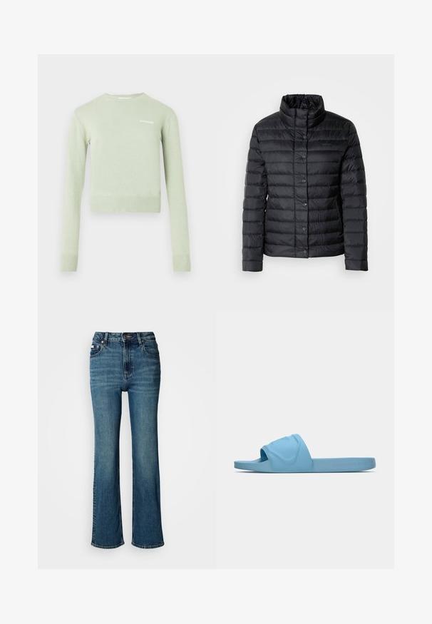 Casaco puffer preto com gola alta, fechos de botão e padrão acolchoado horizontal. O material parece leve e resistente à água.; Camisola de malha verde claro, com gola e punhos canelados. Design curto e ajustado, com um pequeno logótipo branco no peito.; Jeans de cintura alta em denim azul, com um design de perna reta, desbotamento subtil e um fecho padrão com botão e zipper.; Chinelo de slide azul claro feito de borracha lisa, com um logótipo em relevo na alça e uma sola plana e texturizada.
