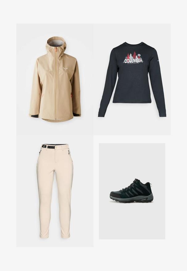 Beige hooded waterproof jacket with front zipper, two zippered side pockets, and small white logo on the left chest.; Long-sleeve dark gray shirt with a graphic of red trees and mountains; "COLUMBIA" logo in bold white text. Soft fabric, standard crew neck.; Beige, form-fitting trousers with a textured fabric. Features a black adjustable waistband and zippered pockets on the sides.; Columbia REDMOND - Hiking shoes - black/citron haze